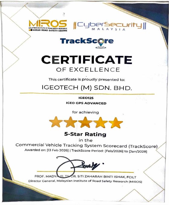 Igeotech MIROS TrackScore 5-Star Rating Certificate of Excellence